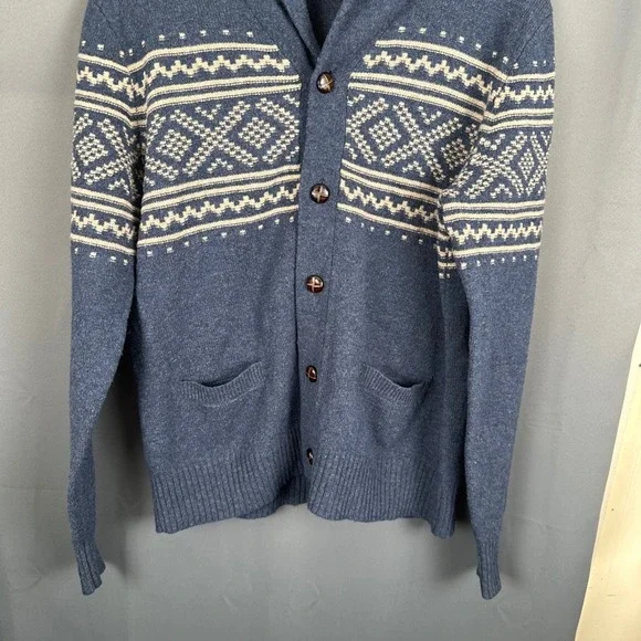 J.Crew Mens Blue Lambswool Fair Isle Shawl Collar Cardigan Sweater B3981 Small - Picture 3 of 9